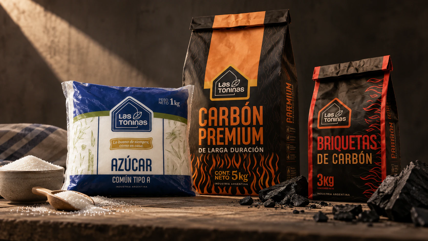 Envases Las Toninas de azúcar, carbón premium y briquetas sobre una mesa.